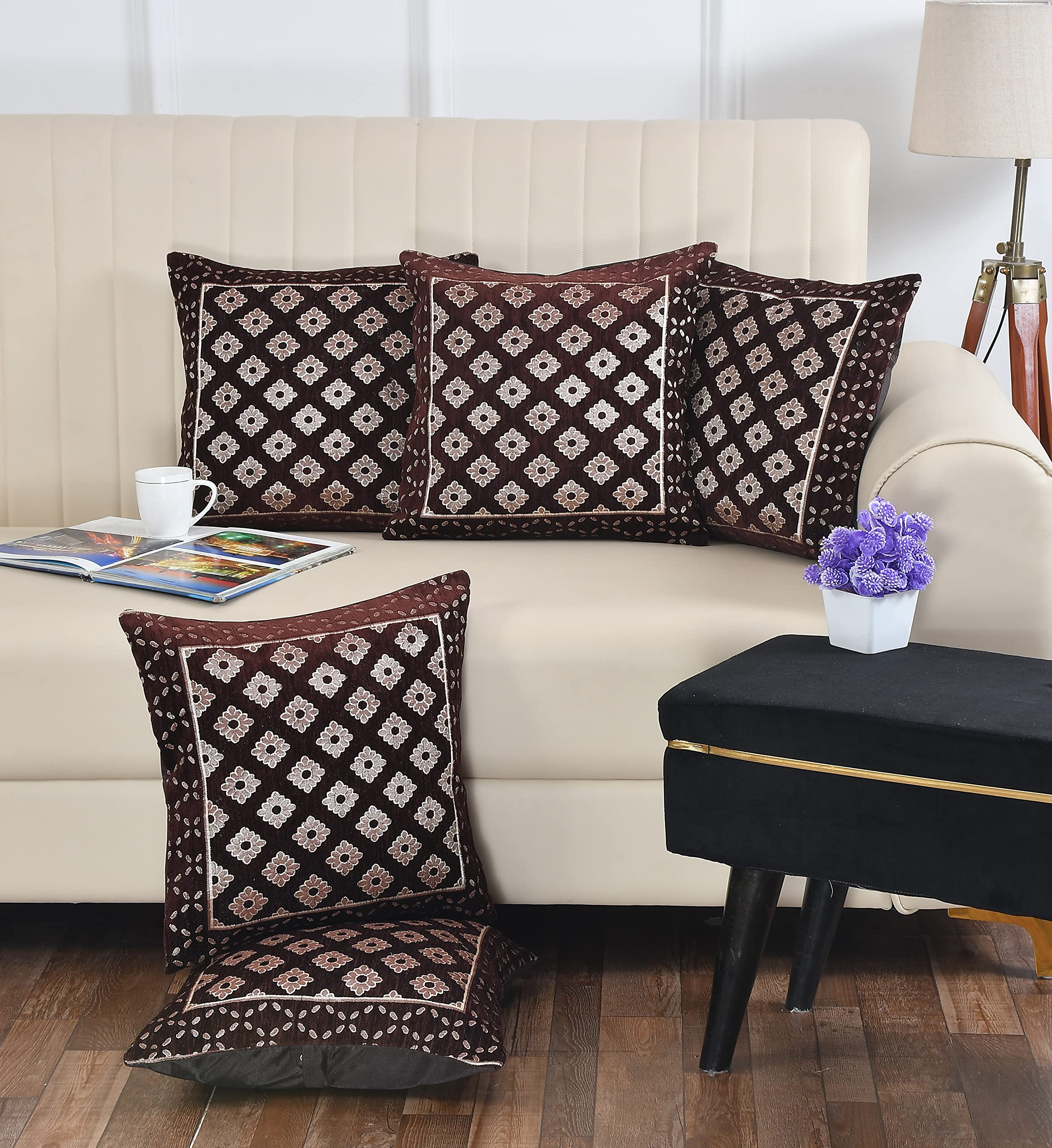 DECOMIZER Jacquard Geomteric Cushion Covers 16 Inch X 16 Inch Set Of 5 Ethnic Motifs 240 TC Cushion Covers,Design- Diamond,Color- Coffee