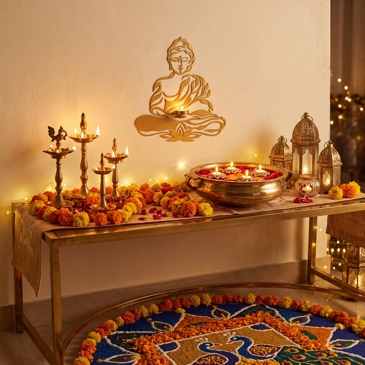 ALCU Buddha Wall Decor with Tealight Candle Holder | Gold Powder Coated Iron Metal Wall Art | 15 x 18 Inch Decorative Wall Hanging for Living Room, Bedroom, Meditation Room & Home Décor