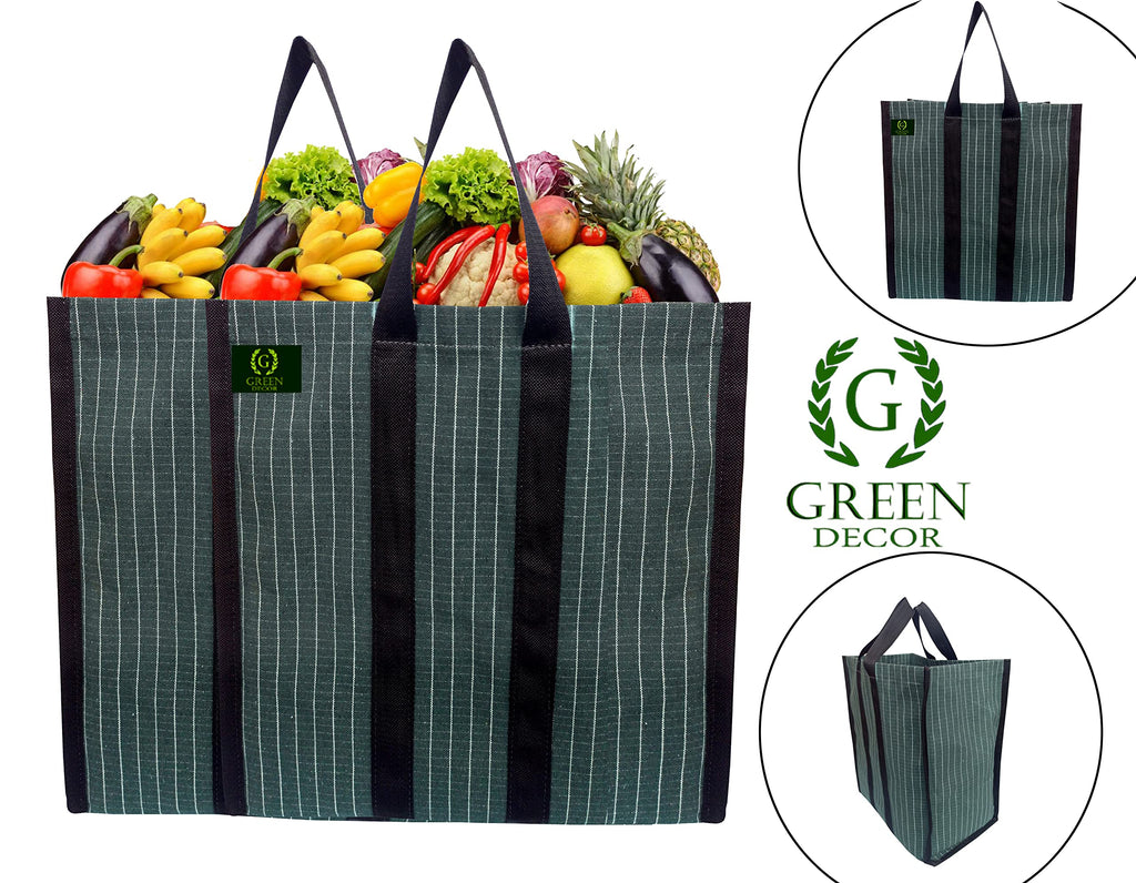 GREEN DECOR Waterproof Cotton Canvas Super Strong Heavy Duty Reusable Milk Bag/Shopping/Grocery/Vegetable Bag with Reinforced Handles & Thick Bottom for Strength (Green,17X8.5X14 Inch) Pack of 2