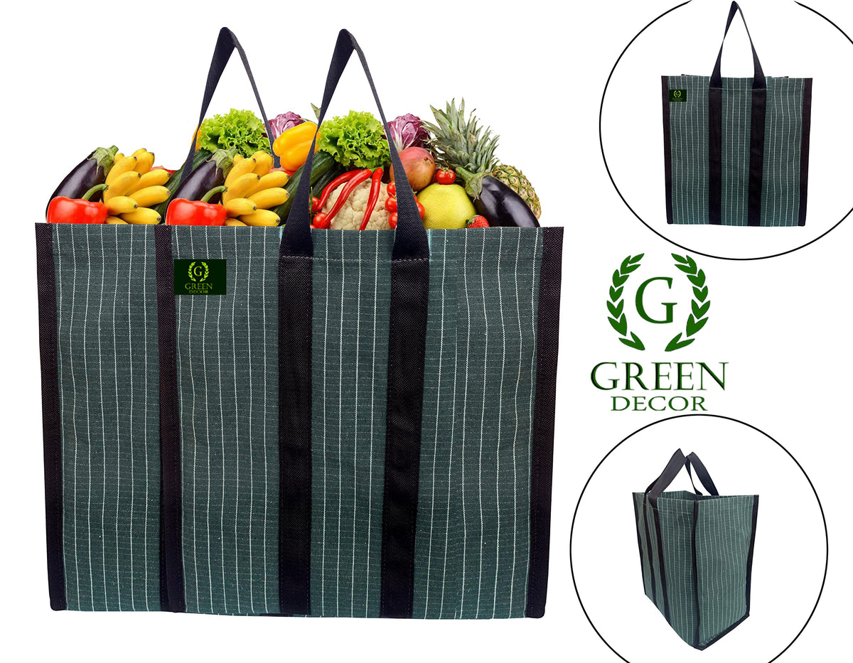 GREEN DECOR Waterproof Cotton Canvas Super Strong Heavy Duty Reusable Milk Bag/Shopping/Grocery/Vegetable Bag with Reinforced Handles & Thick Bottom for Strength (Green,17X8X13 Inch) Pack of 2
