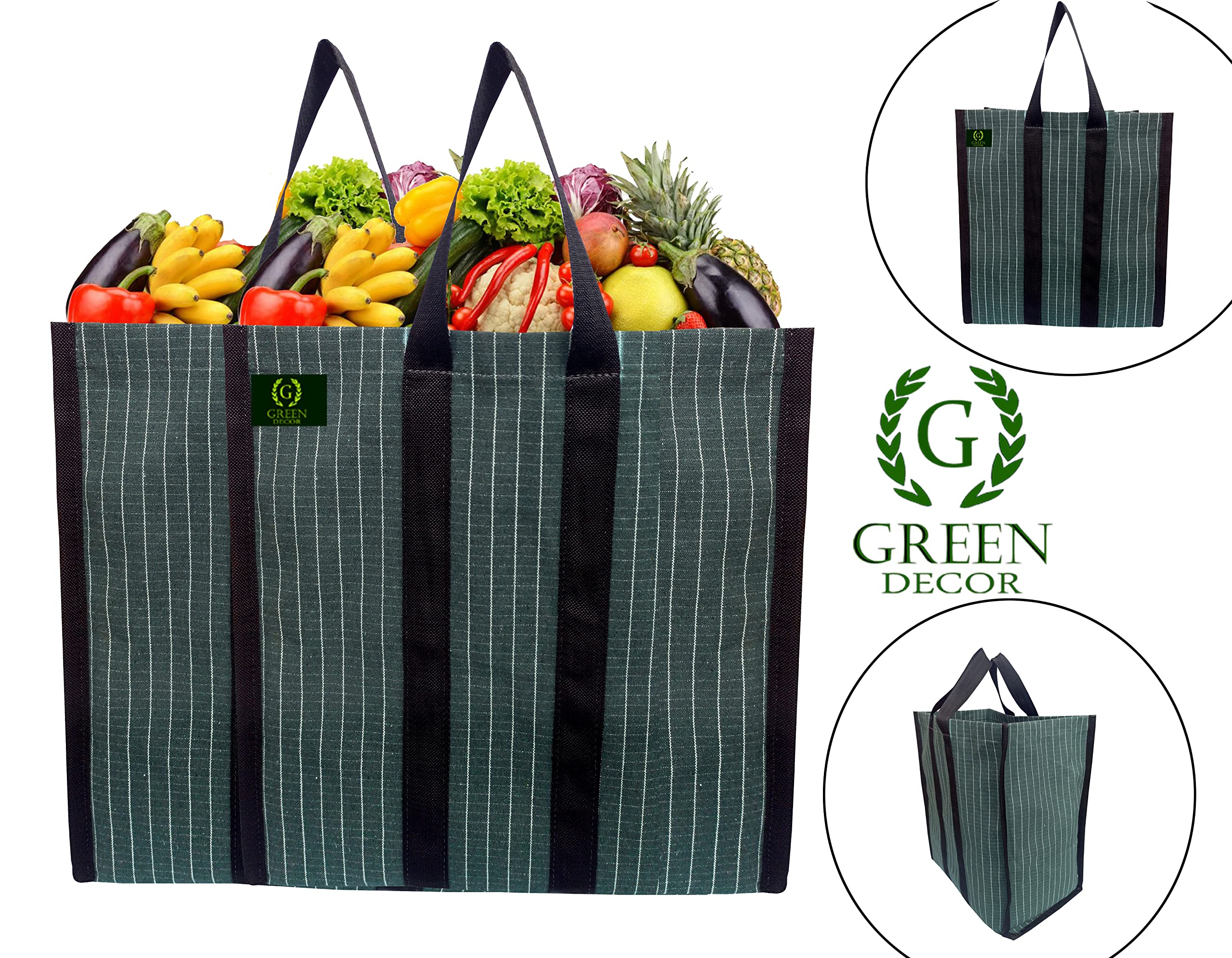 GREEN DECOR Waterproof Cotton Canvas Super Strong Heavy Duty Reusable Milk Bag/Shopping/Grocery/Vegetable Bag with Reinforced Handles & Thick Bottom for Strength (Green,12X6X14.5 Inch) Pack of 2