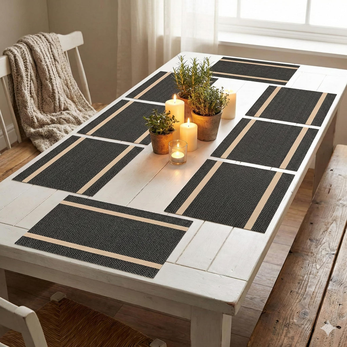 YELONA Placemats Set of 8, Heat-Resistant Woven Vinyl Table Mats, Non-Slip & Washable Dining Tablemats for Kitchen & Dinner Decor, Black & Gold (45cm x 30cm) Kafalo
