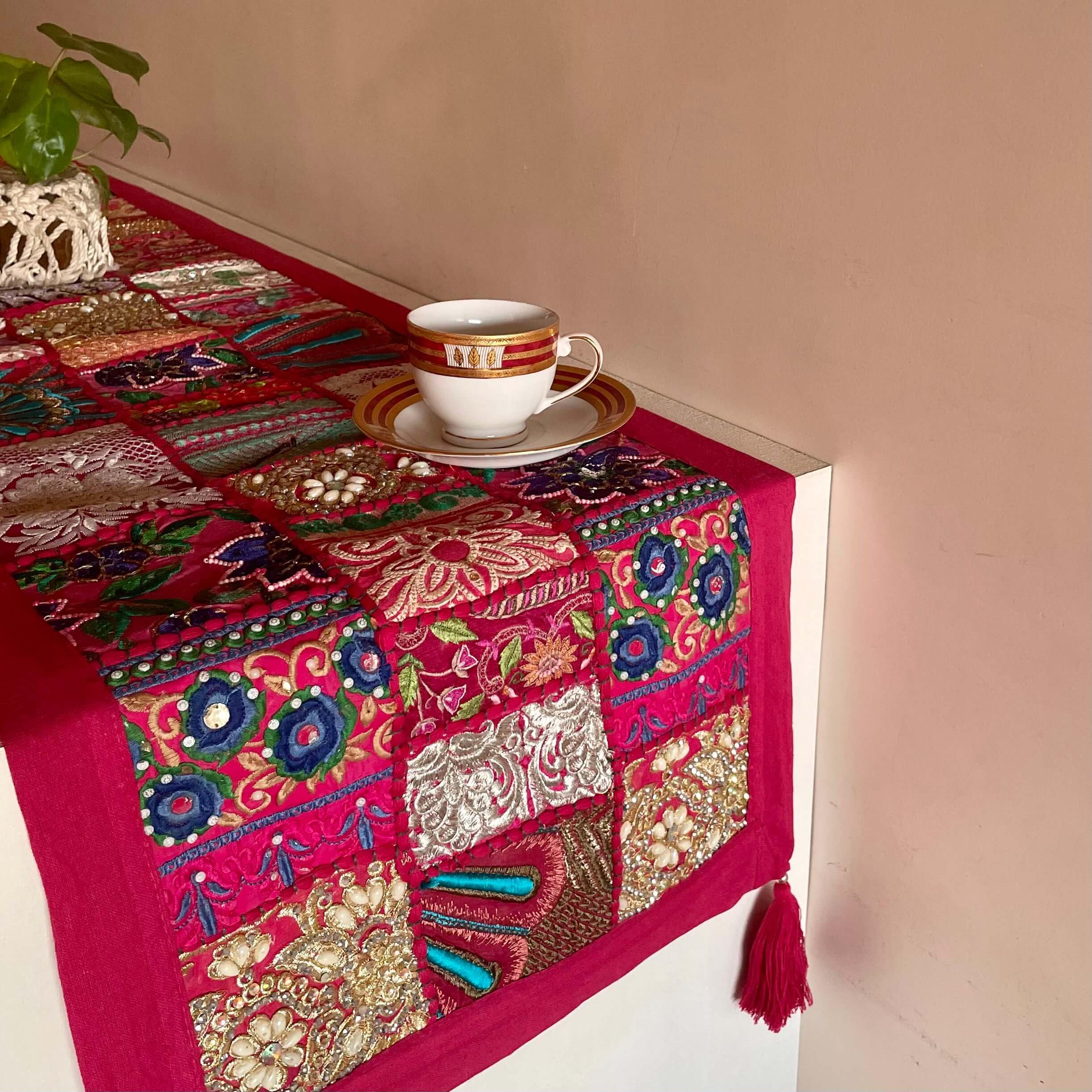 ATRANGI STUDIO Patchwork Table Runner | Traditional Rajasthani Khambadiya Craft | Handmade Dining Table Runner for Home Decor | Colourful Dining Setup | 16x72 Inch, Pink