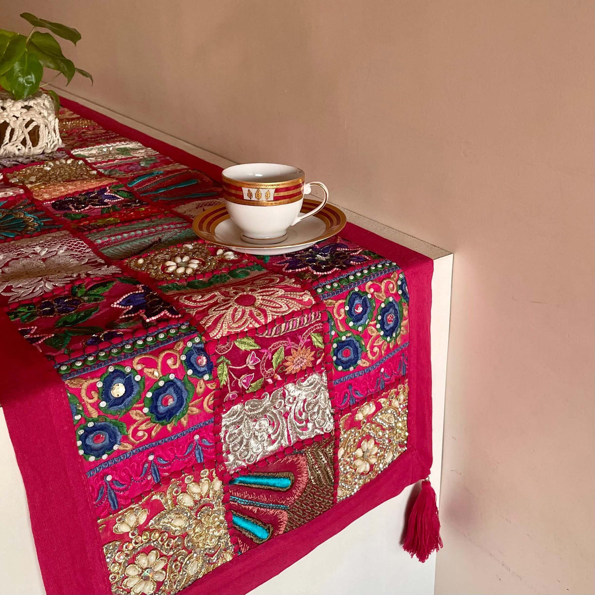 ATRANGI STUDIO Patchwork Table Runner | Traditional Rajasthani Khambadiya Craft | Handmade Dining Table Runner for Home Decor | Colourful Dining Setup | 14x60 Inch, Pink