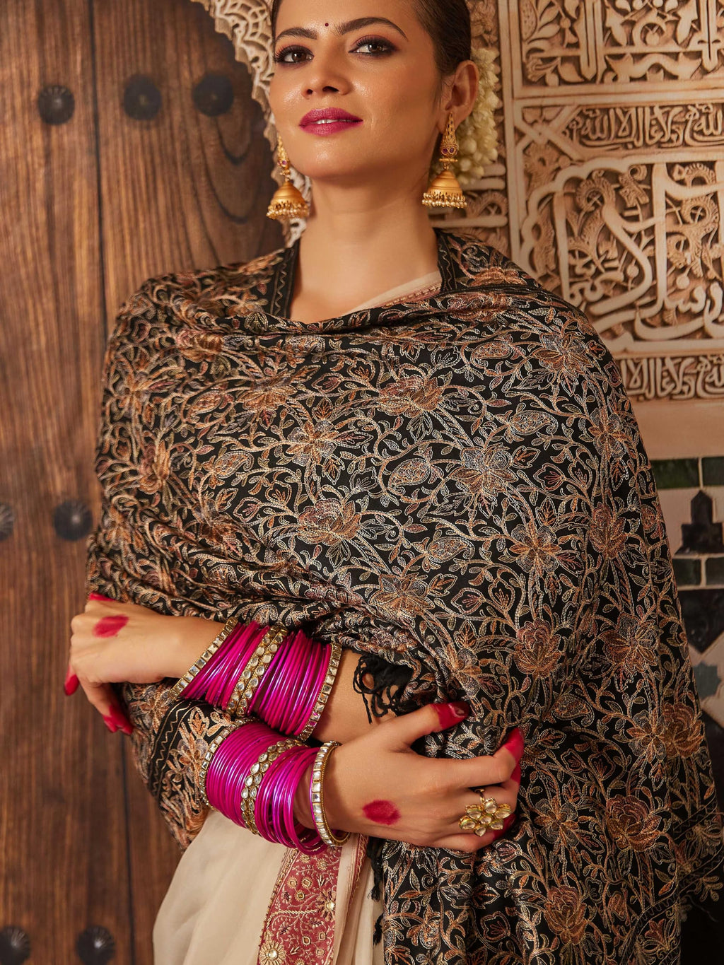 Pashmoda Women Shaguft Wool Blend Nalki Embroidered Stole, Shawl and Wrap, Luxury Pashmina Evening Wrap (Size: 71X203 CM)