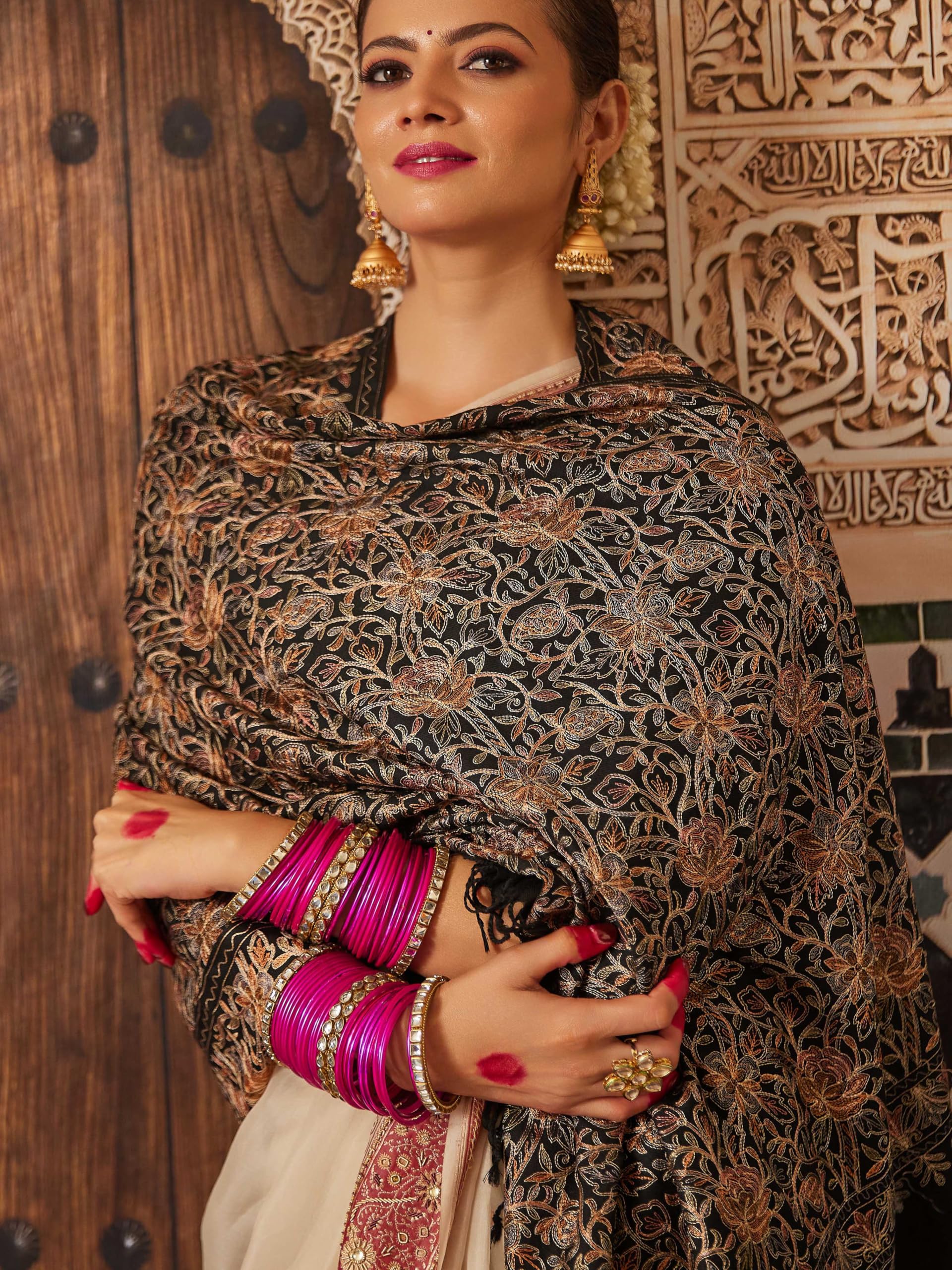 Pashmoda Women Shaguft Wool Blend Nalki Embroidered Stole, Shawl and Wrap, Luxury Pashmina Evening Wrap (Size: 71X203 CM)