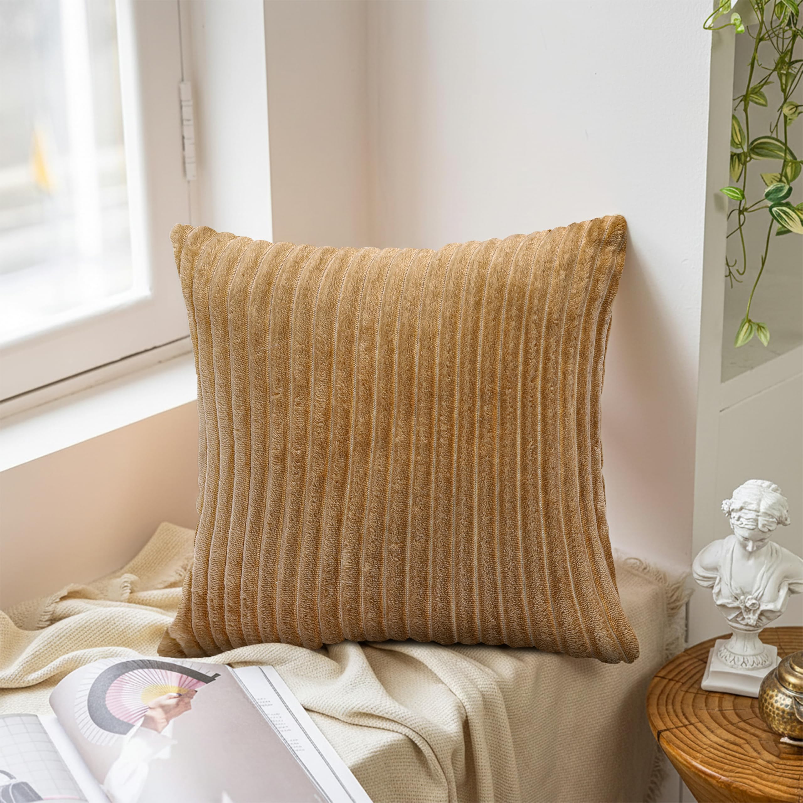Yellow Weaves Pencil-Stripe Fur Cushion Covers | Soft Polyester | Decorative Sofa & Throw Pillow Covers | 16x16 Inches, Pack of 2 (Coffee & Golden Brown)