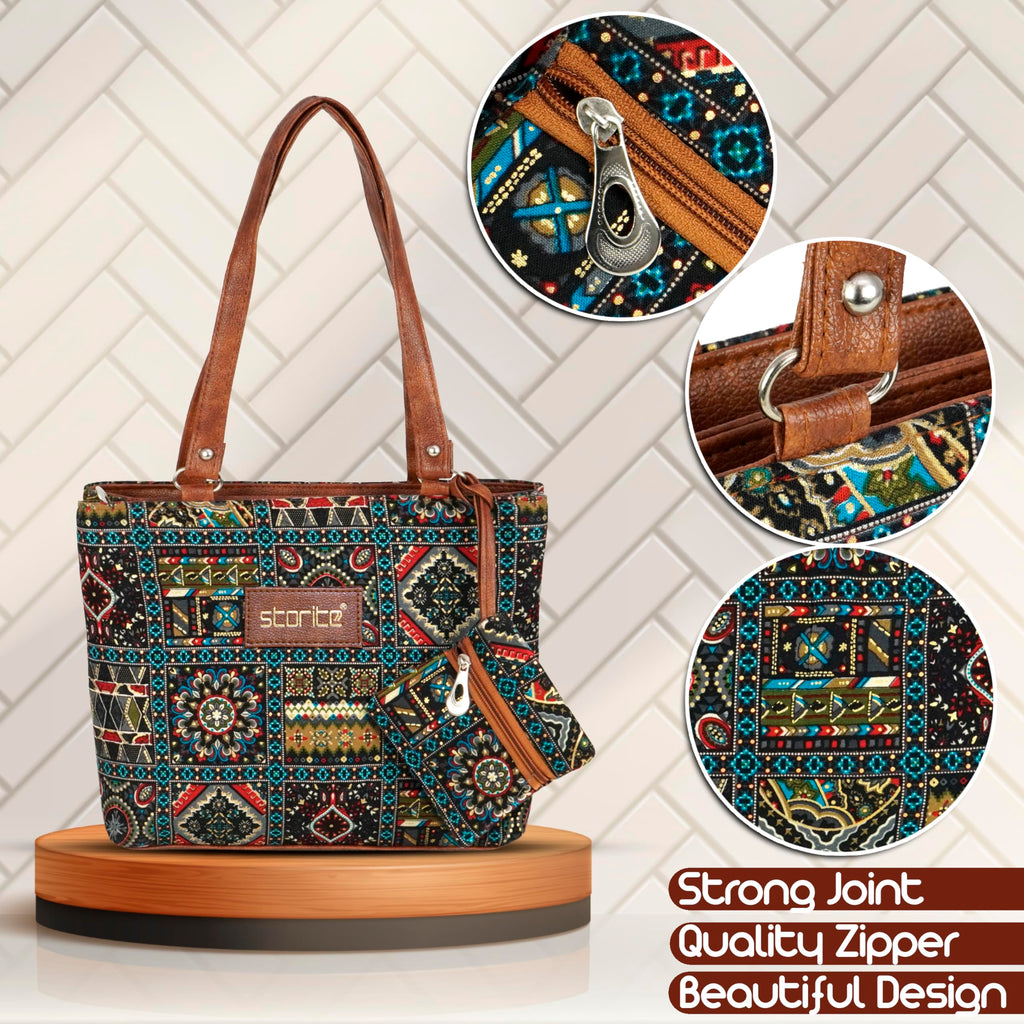 Storite Women's Tote Bag With Leather Handles & Embroidery Printed