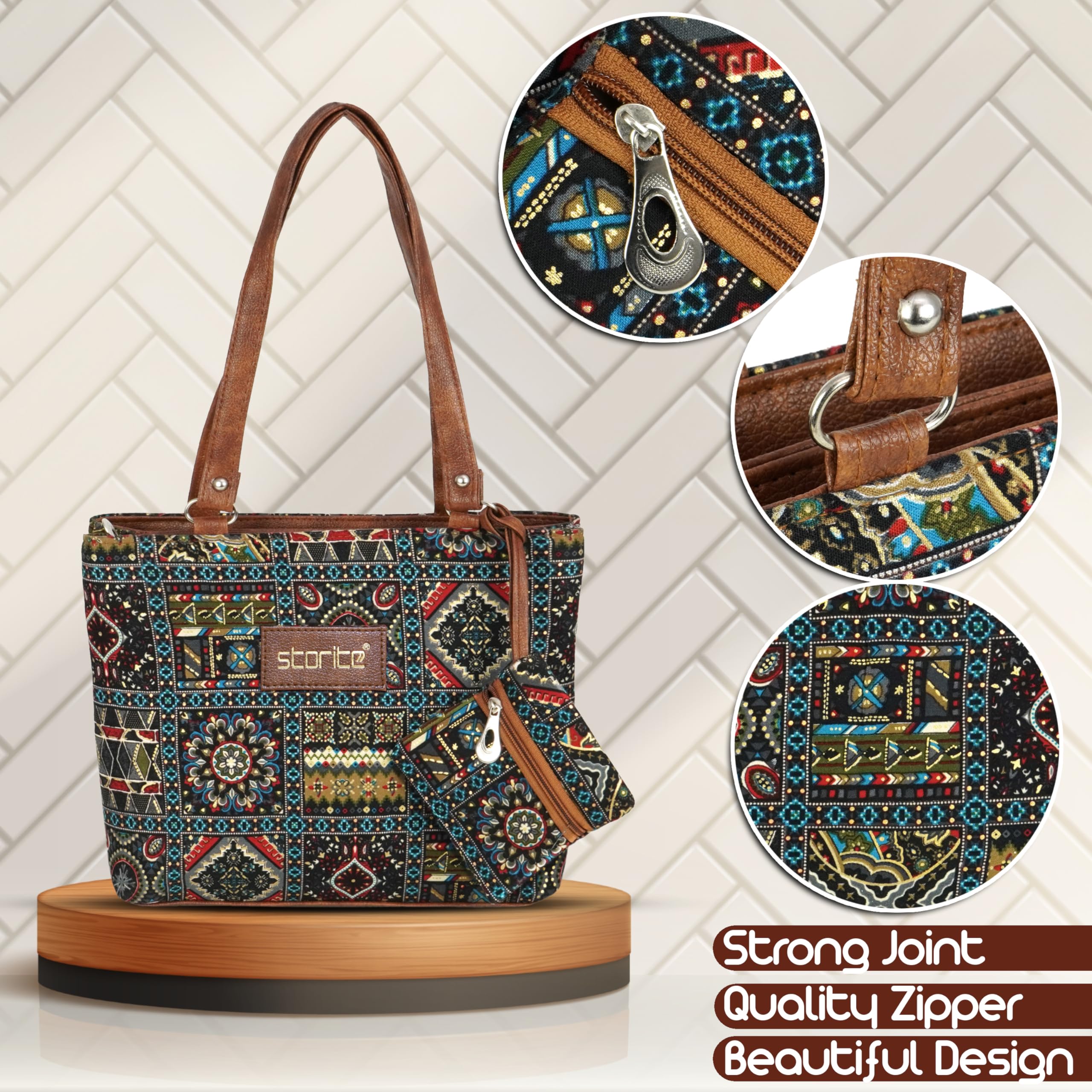 Storite Women's Tote Bag With Leather Handles & Embroidery Printed