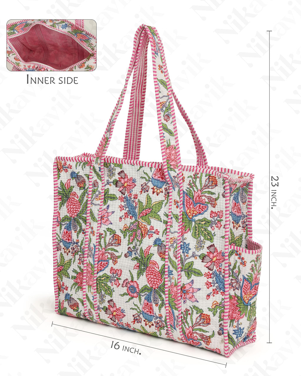 NIKAVIK Quilted Cotton Tote bag – Exotic Animal Print Foldable and Ideal for Travel Shopping Beach Trips or Daily Essentials (White Pink)
