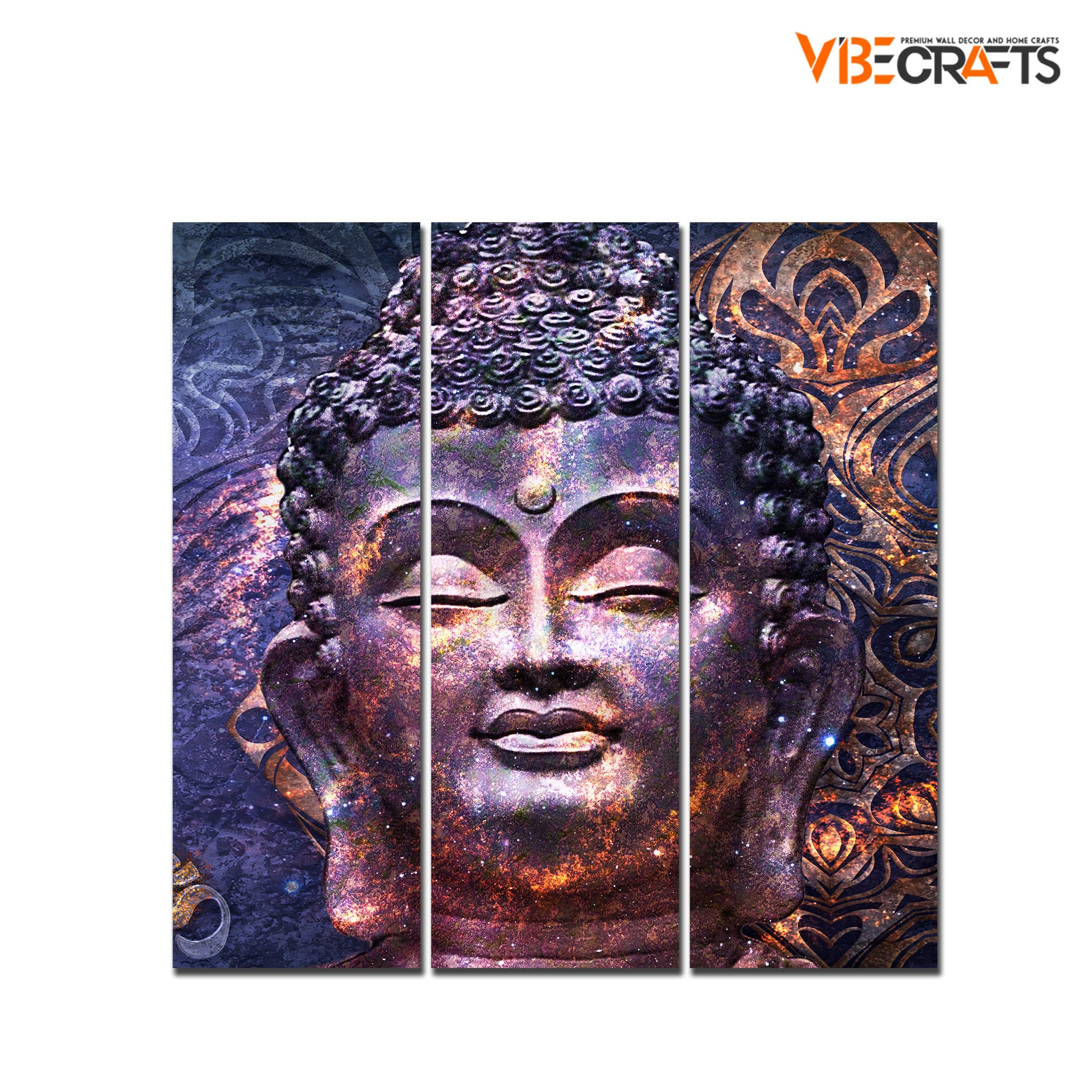 VIBECRAFTS 3 Pieces Peaceful Buddha Face Canvas Wall Painting Fitted With Wooden Frame For Home | Office | Living Room | Gifts (PTVC3Pcs1_9592)