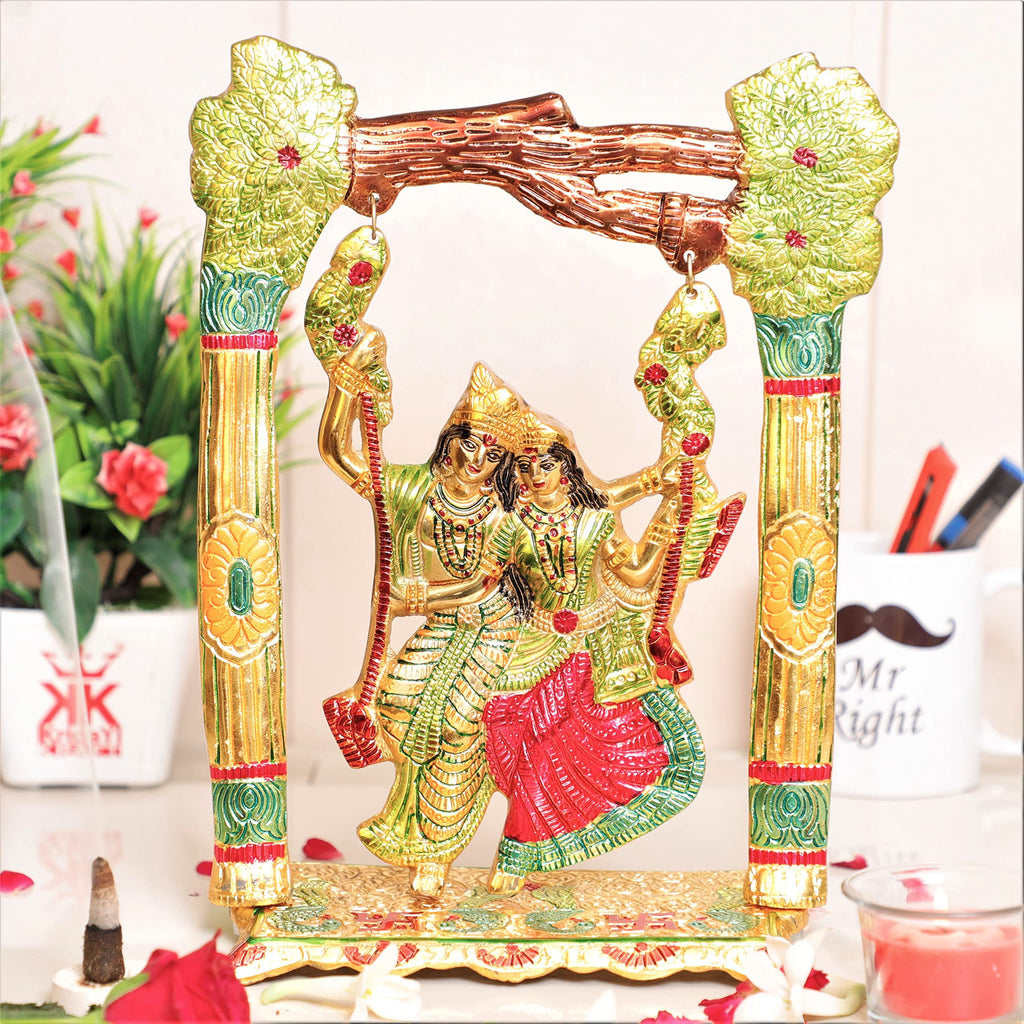 KridayKraft Metal Colourfull Radha Krishna Idol on Swing Jhula Decorative Showpiece Figurine Religious Idols for Home Office Statue Murti for Decoration & Pooja Gifting Purpose Sculpture