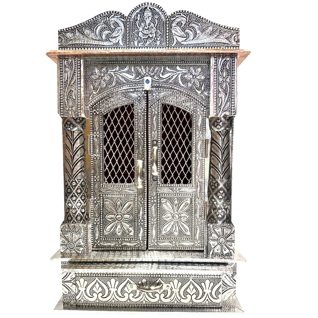 Balveer Enterprises Pooja Mandir for Home, Handcrafted German Oxidized Temple With Aluminium and Copper Plating - Silver (12 * 6 Inches)