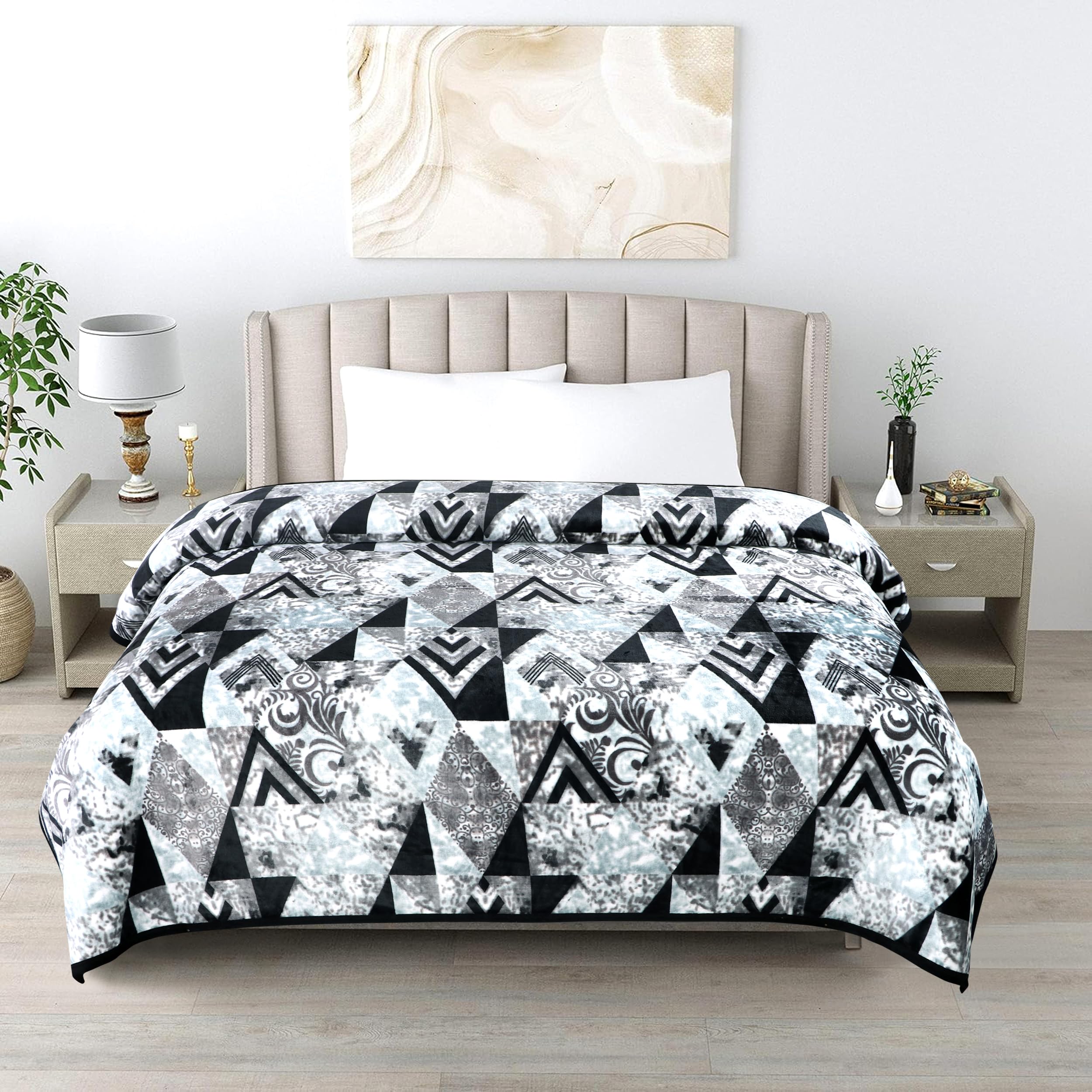 Gullivar Davos Premium Flannel Printed Double Bed AC Blanket 230x240 cm | 300 GSM Ultra Soft Breathable All-Season Blanket for AC, Summer & Mild Winter | Luxury Comfort Throw -Black & White Kafalo
