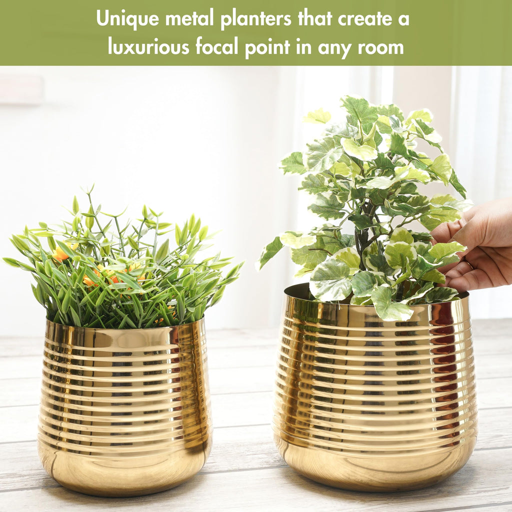BEHOMA Metal Ribbed Design Planter for Home, Golden - Set of 2