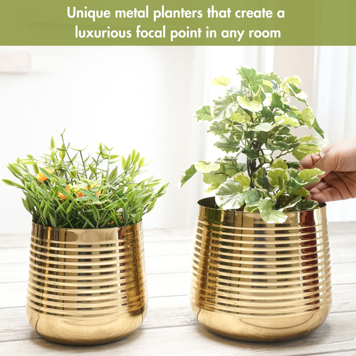 BEHOMA Metal Ribbed Design Planter for Home, Golden - Set of 2