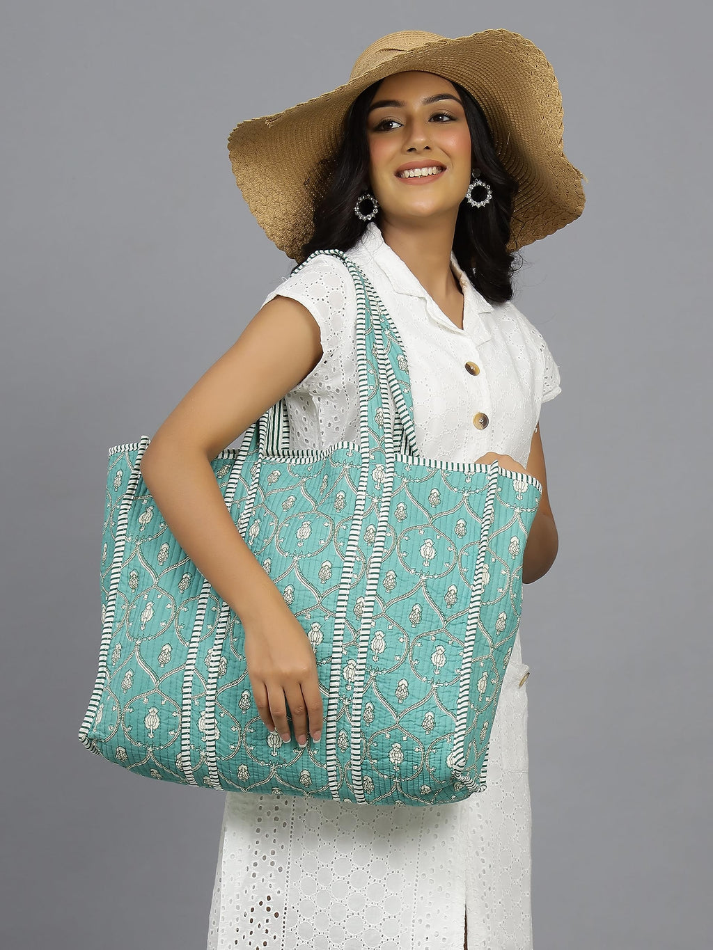 Ravaiyaa - Attitude is everything Women & Man Beautiful Printed Cotton Grocery Shopping Bag | Shoulder Bag | Cotton Tote Bag | Travel Tote Bags 18x5.5x16 Inch (Green Floral)