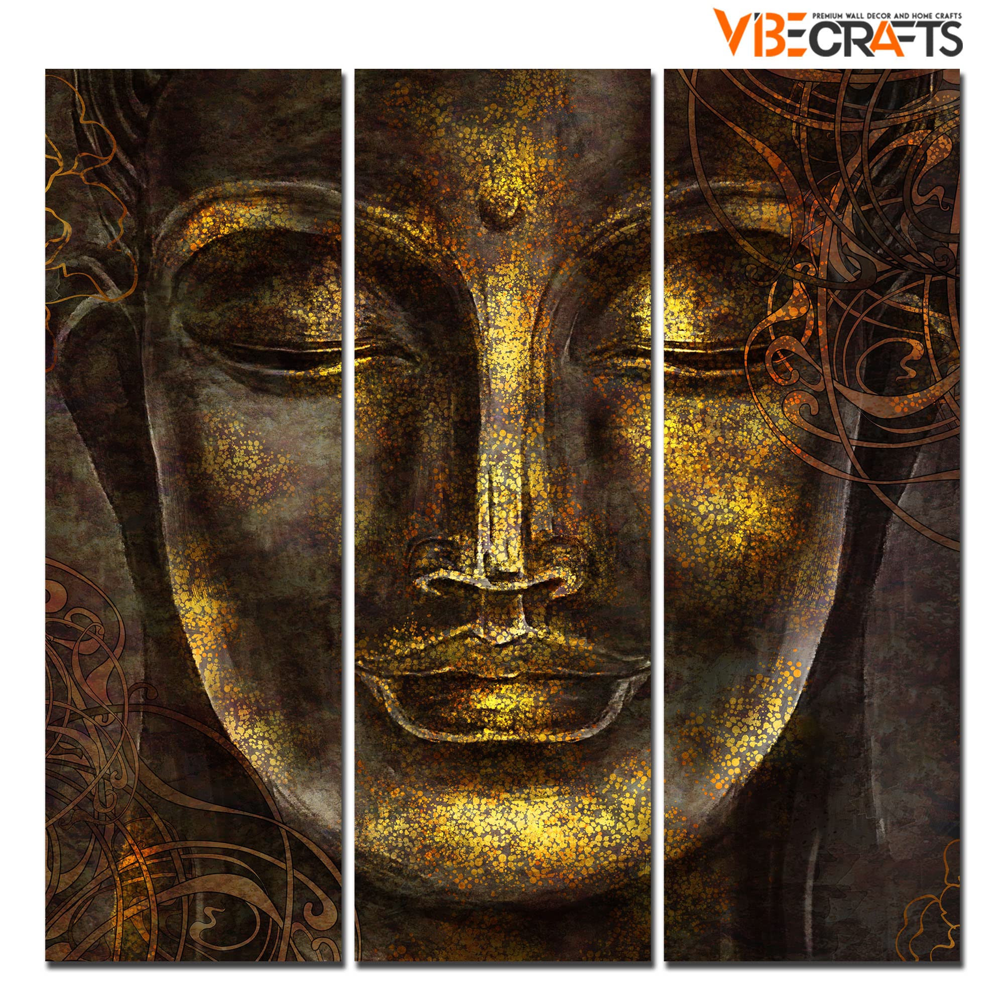 VIBECRAFTS 3 Pieces Sculpture Buddha Canvas Wall Painting Fitted With Wooden Frame For Home | Office | Living Room | Gifts (PTVC3Pcs1_9590)