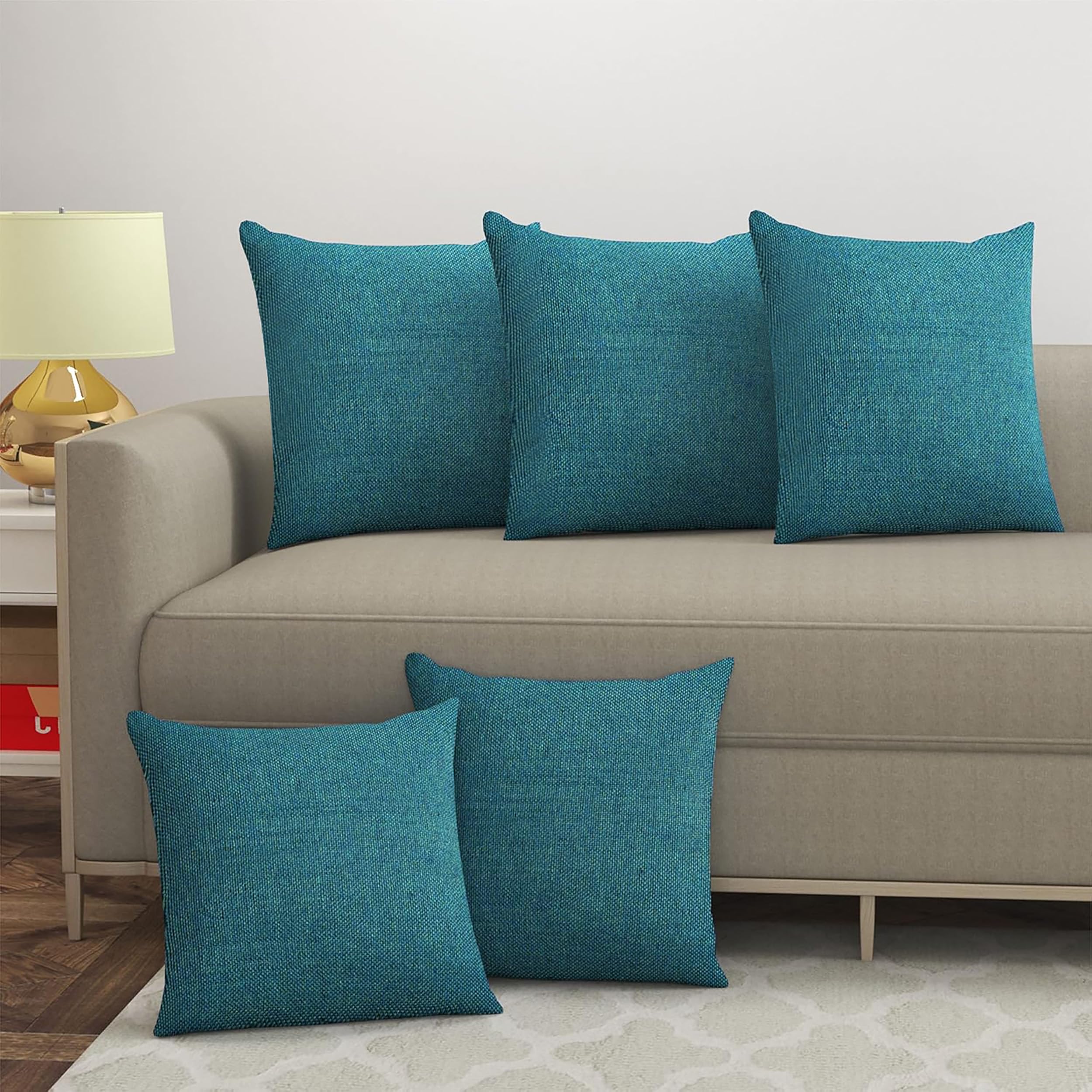 Yellow Weaves Jute Texture 250 TC Cushion Covers, 12 X 12 Inches, Blue, Set Of 5