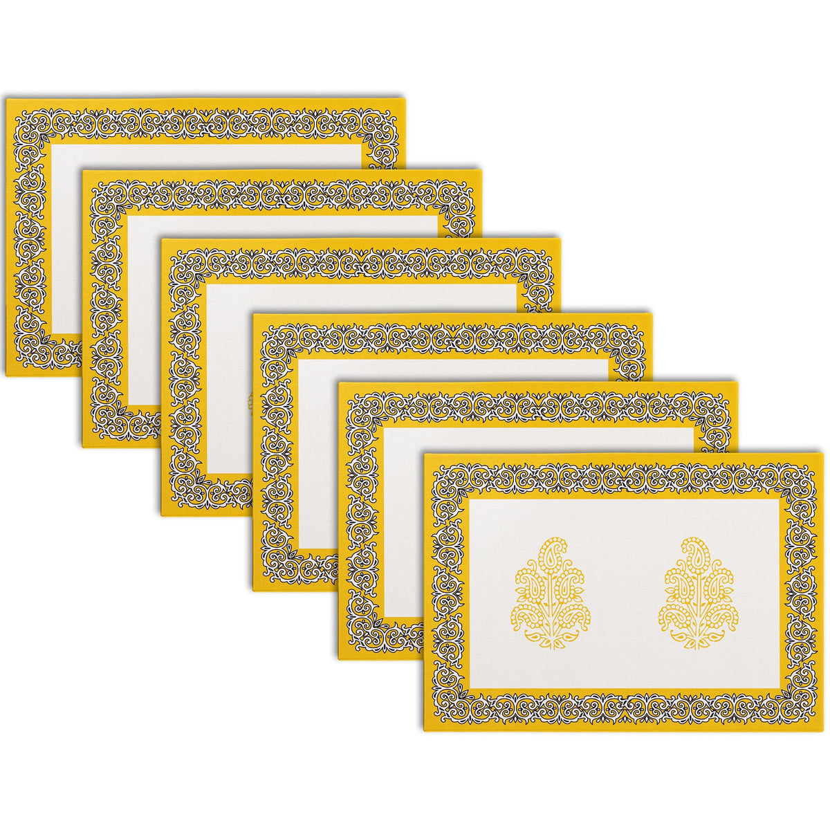 Encasa XO Dining Table Placemats, Block Printed Cotton, Hand Print Yellow Kafalo