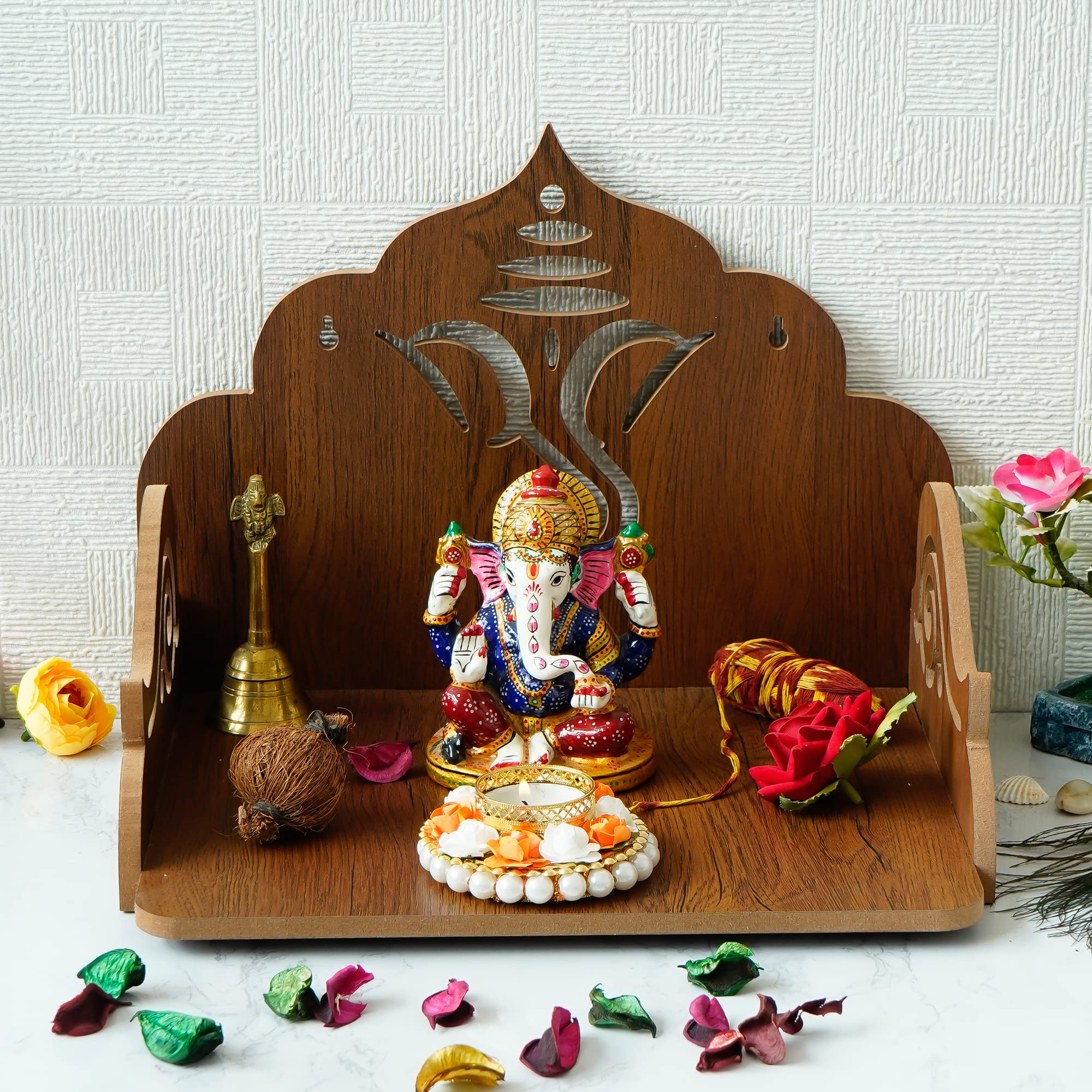 eCraftIndia Ganesha Design Wooden Temple for Home Office | Home Temple Pooja Mandir | Small Temple Gift for Diwali Housewarming