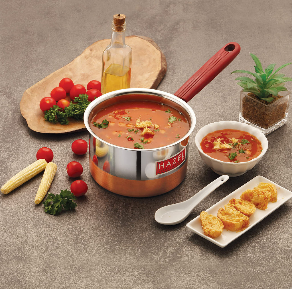Hazel Premium Heavy Gauge Stainless Steel Flat Patila Sauce Pan Cookware with Copper Bottom (1.1 LTR), Silver & Copper