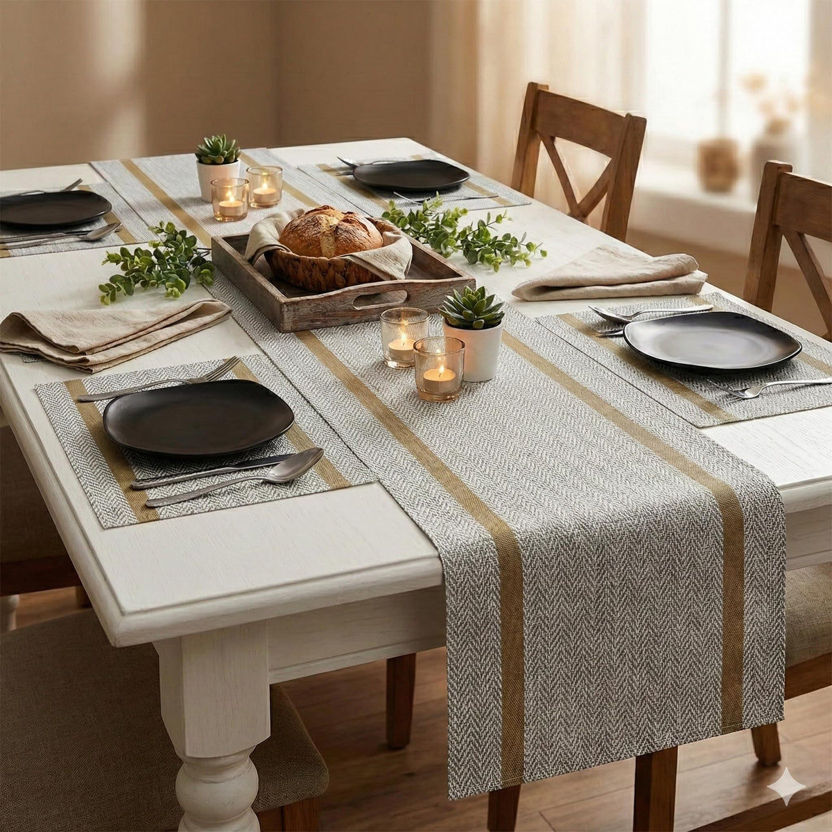 YELONA Dining Table Placemats and Runner Set - Heat Resistant, Washable, Stain Resistant Mats - Woven Vinyl Plastic - Easy to Clean-(45x30 cm 4 Placemats, 135x30 cm 1 Runner)-Ideal for Stylish Dining Kafalo