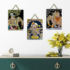 Artvibes Radha Krishna Madhubani Art Home Decorative Wall Hanging Ornaments | Wood Decorative Items | Modern Decoration | Festive Decor | Wall Illustrations | Gift Items (WH_96152N), Set of 3