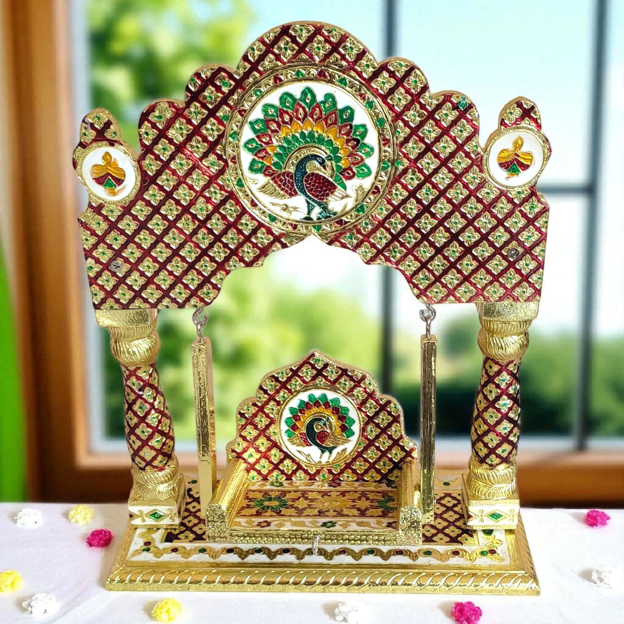 OPPILLA™ Laddu Gopal Jhula, Meenakari Hand Painted Folding Temple Jhoola, Handcrafted Home Temple Decor (Red, 18 Inches x 15 Inches)
