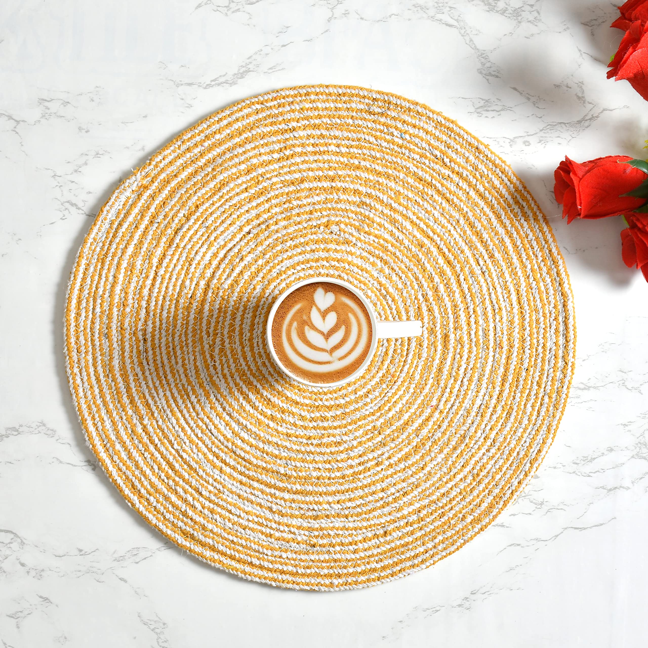 LaVichitra Braided Cotton Placemats 35 Cm Round - Dining Table, Bed Side/Centre Table/Shelves -Yellow - 6 Piece Kafalo