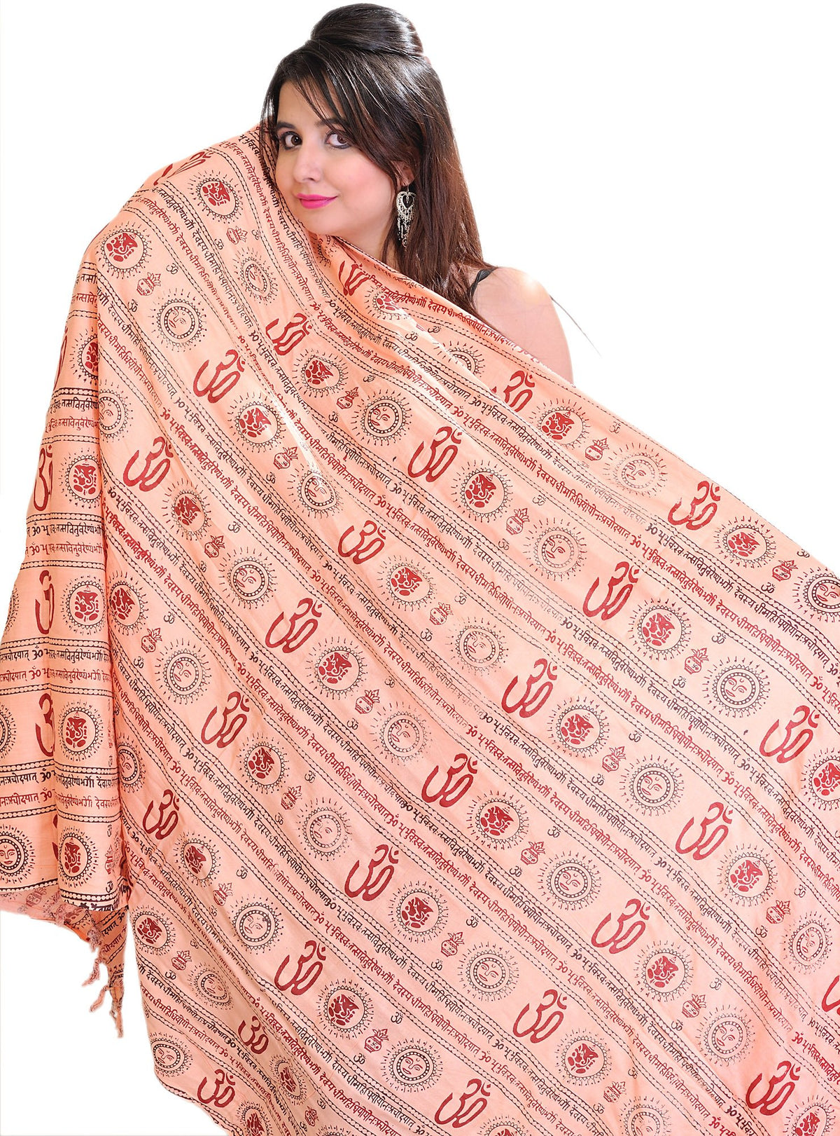 Exotic India Women's Polycotton Prayer Shawl with Printed Om and Gayatri Mantra Stole, Scarves For Pooja, Festive