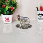 KridayKraft Kamdhenu Cow,Calf with Bal Gopal Krishna Metal Statue for Good Luck,Feng Shui As Table Top Figurine,Vastu,Religious Gau MATA Idol Home,Office&Table (Silver, Small)