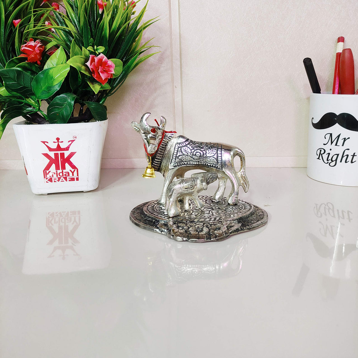 KridayKraft Kamdhenu Cow,Calf with Bal Gopal Krishna Metal Statue for Good Luck,Feng Shui As Table Top Figurine,Vastu,Religious Gau MATA Idol Home,Office&Table (Silver, Small)