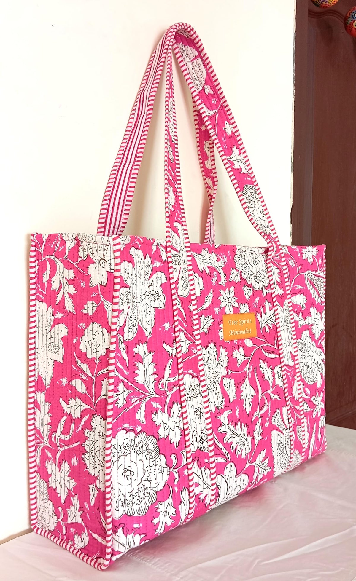Cotton Tote bag for Women | Shoulder Bag | Reversible Bag | Durable Shopping bag | Reusable Grocery Bags | Eco friendly Bags| Handmade Cotton Bag | Stylish Quilted handBag (Pink White)