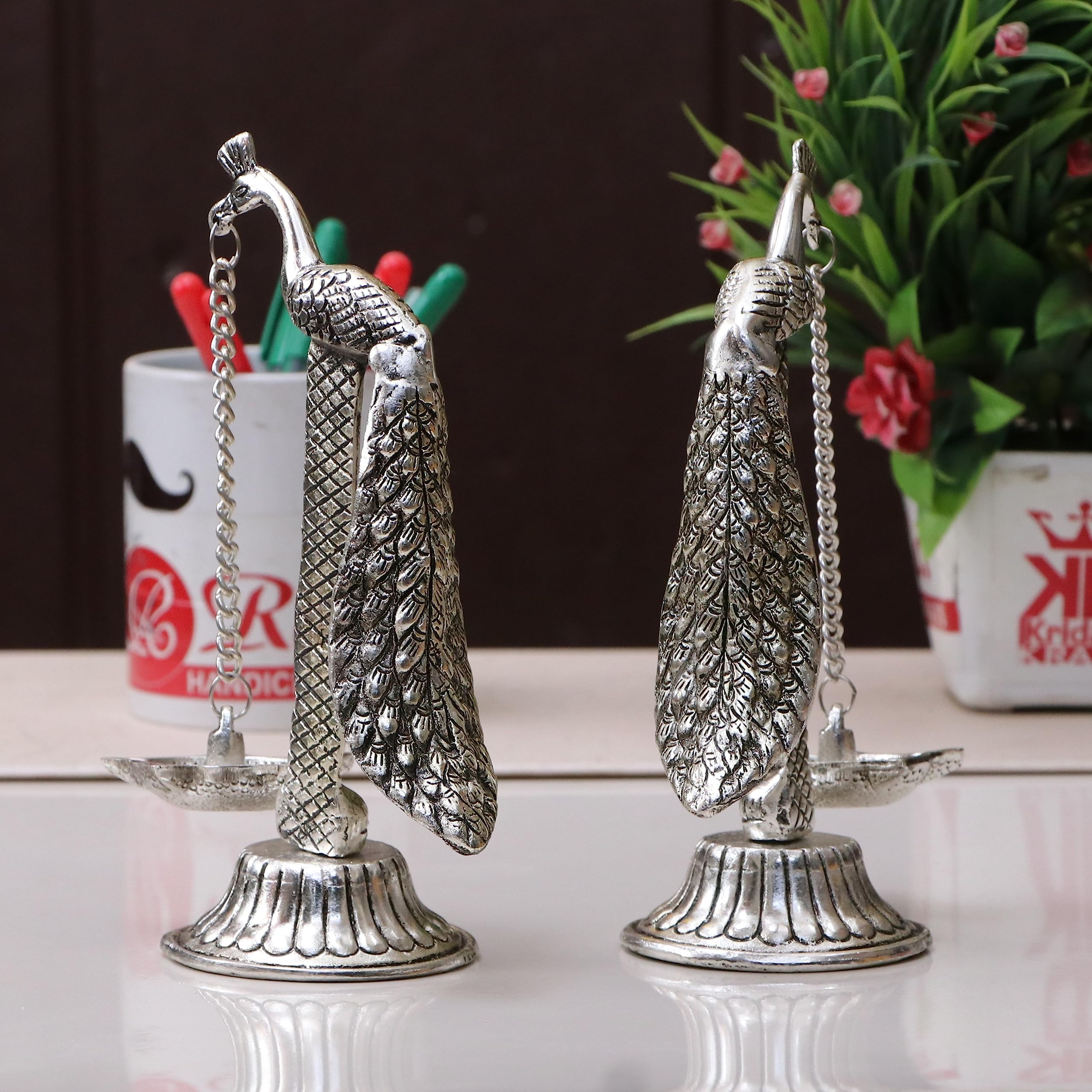 Peacock Design Metal Hanging with Chain Diya Pair of Peacock Design Bird Diya Deepak Oil Lamp