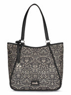 ZOUK Naisha Black Lace Tote Bag for Women | Vegan Leather Large Shoulder Handbag with Bottle Holder, Multiple Pockets & Water-Resistant Lining | Office, Travel & Daily Use | Lattice Lace