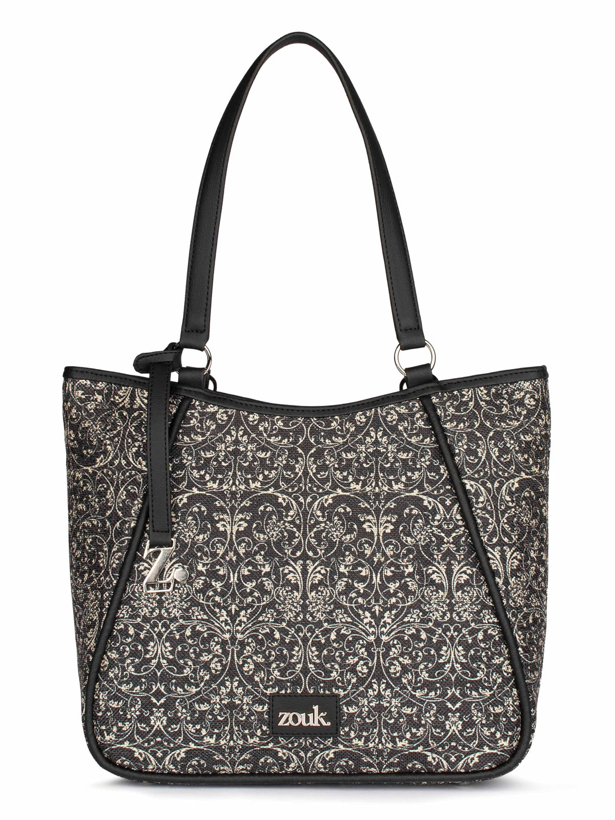 ZOUK Naisha Black Lace Tote Bag for Women | Vegan Leather Large Shoulder Handbag with Bottle Holder, Multiple Pockets & Water-Resistant Lining | Office, Travel & Daily Use | Lattice Lace