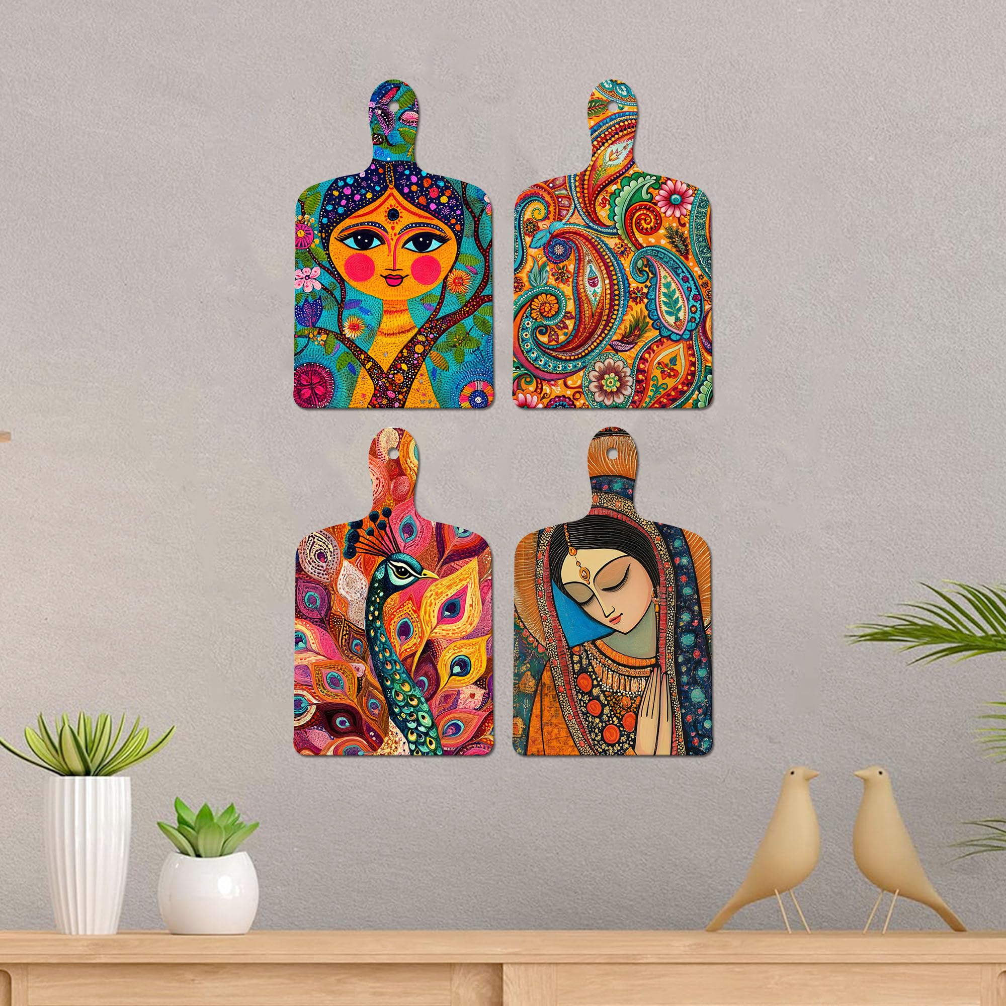 Artvibes Beautiful Women & Peacock Colorful Madhubani Art Wooden Art Decoration Item for Living Room | Office | Cafe | Aesthetic Wooden Decor | Graphic Artwork | Ideal Gifts (WH_5636N), Set of 4
