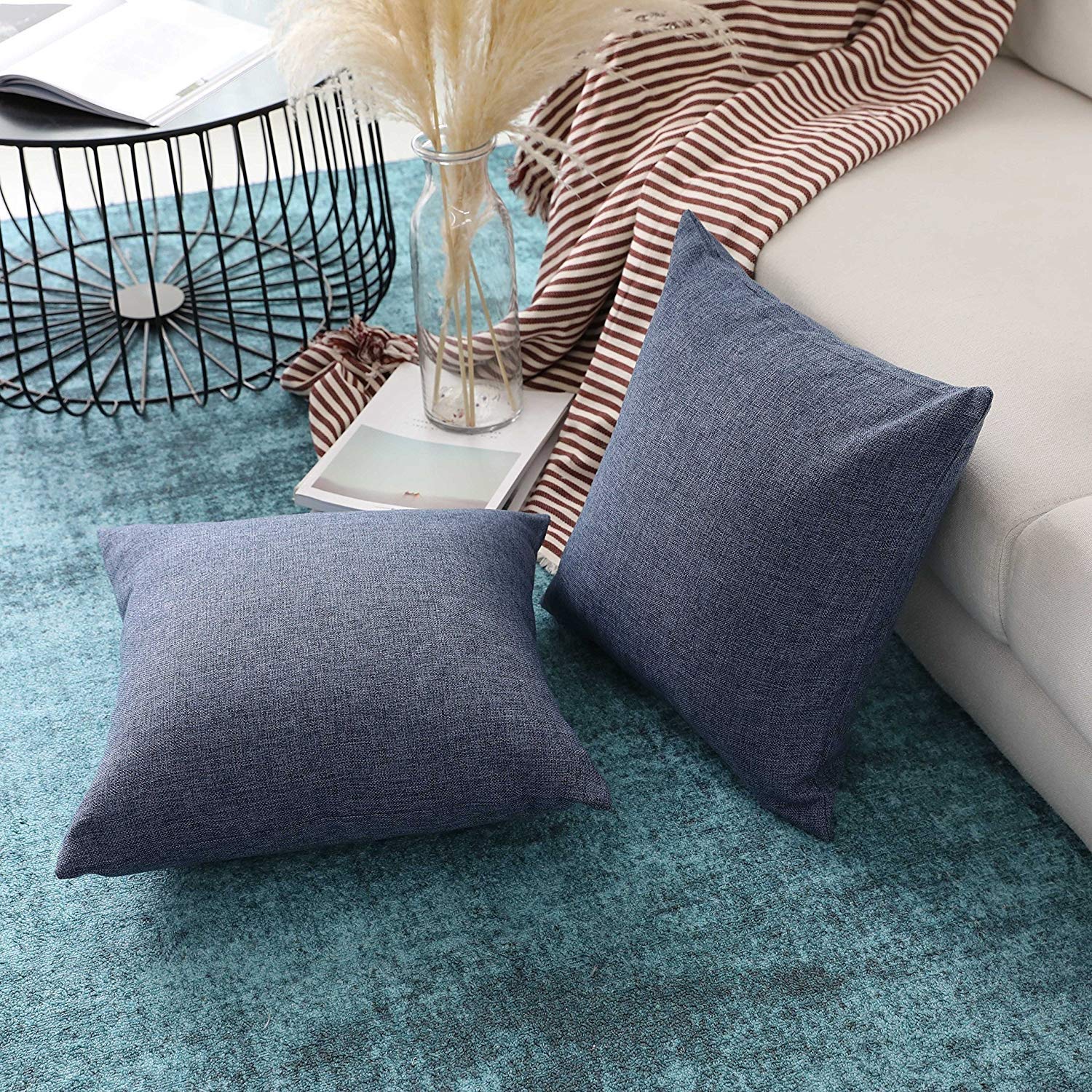Khooti Jute Cushion Cover | 22x22 Inch | Navy Blue | Set of 1 | Throw Pillow Cover for Couches, Chairs, Sofas, Beds, Coffee Tables, Living Rooms, Bedrooms, Modern Boho Design