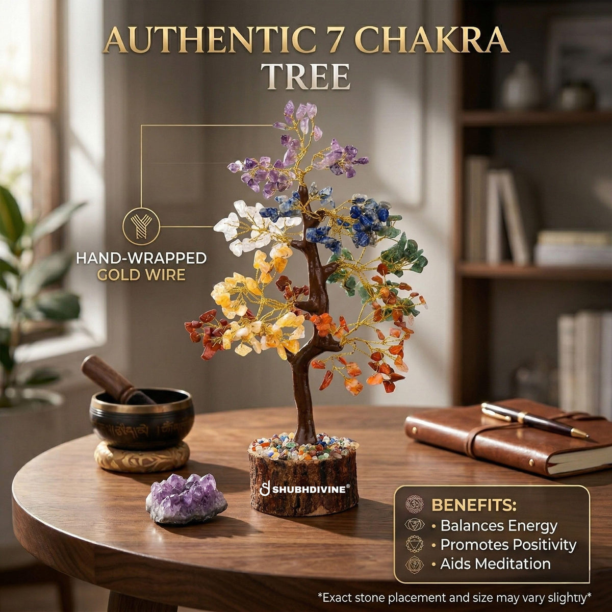 Shubhdivine 7 Chakra Crystal Tree 300 Beads Certified Natural Stones Feng Shui Bonsai Home Decor Gift Item for Positive Energy and Good Luck