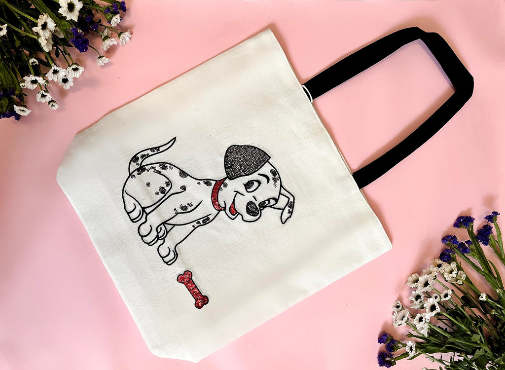 MASQ by Q-One Dog Embroidered Canvas Tote Bags for Women with Zip, College Bag for Girls, 100% Cotton Tote Bag with Seqin Work for Traveling & Daily Use | Stylish Gifts for Women and Girl