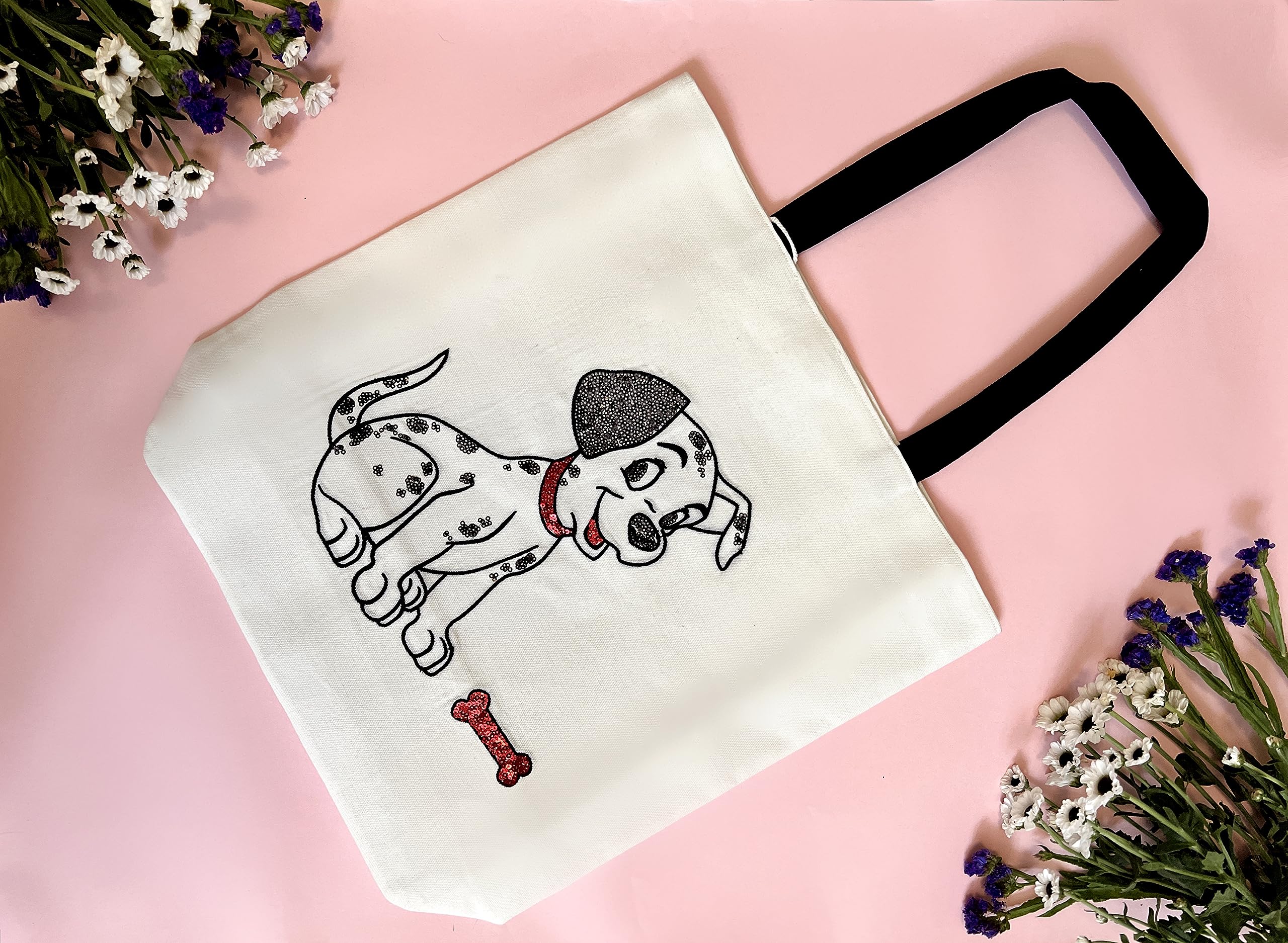 MASQ by Q-One Dog Embroidered Canvas Tote Bags for Women with Zip, College Bag for Girls, 100% Cotton Tote Bag with Seqin Work for Traveling & Daily Use | Stylish Gifts for Women and Girl