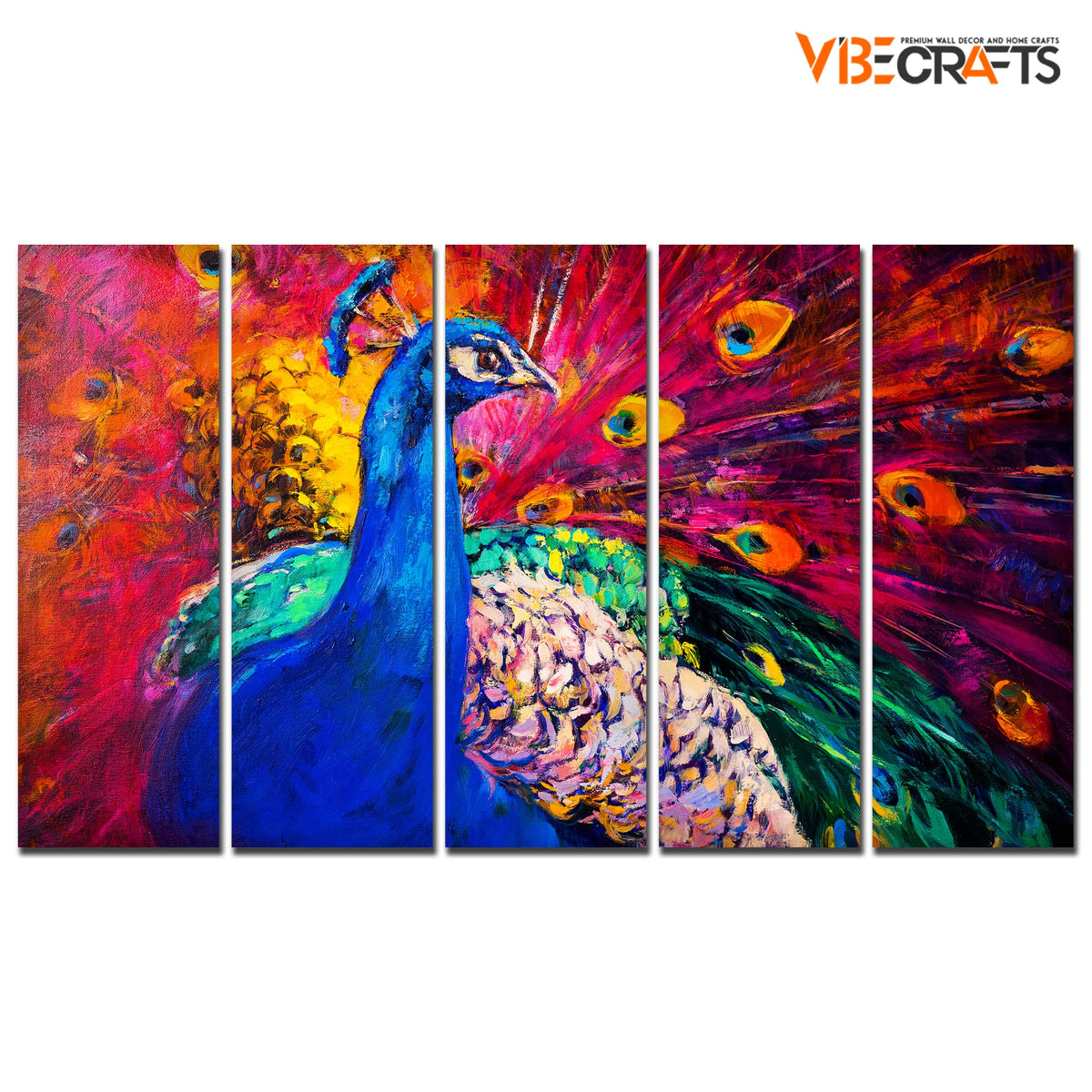 VIBECRAFTS Beautiful Peacock 5 Pieces Canvas Wall Painting For Home | Office | Living Room | Gift (PTVC5Pcs4_8517)