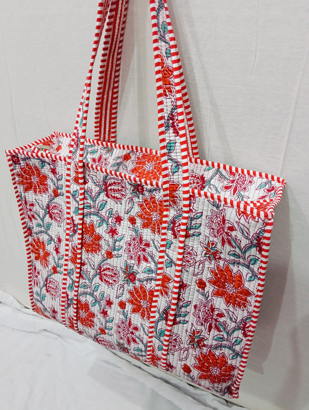 Raj Handicrafts Cotton Printed Tote Bag,Hand Bag Multicolor Quilted Hand Block Floral Printed Women's Carry Bag Shoulder Shopping Tote Bags 18x5.5x16 Inch (White 2)