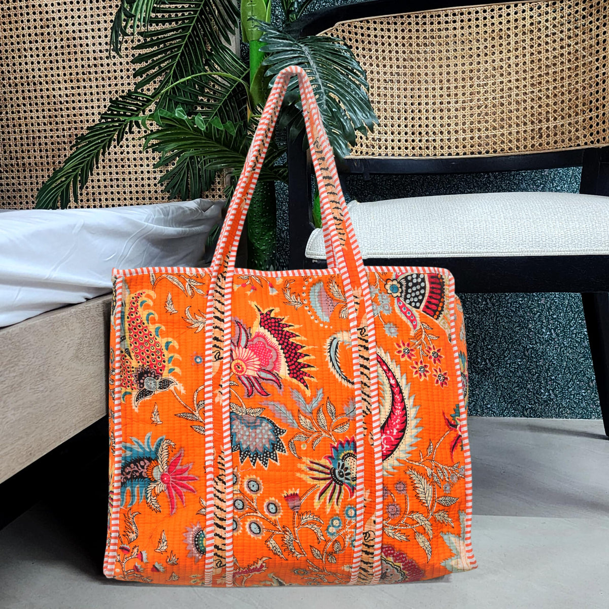 Cotton Quilted Tote Bag for Women, Jungle Print Handbag, Reusable Shoulder Bag with Dual Handles, Lightweight Travel Shopping Tote, Large Capacity Everyday Carry Bag - (Orange flower bag, 18×18 In)