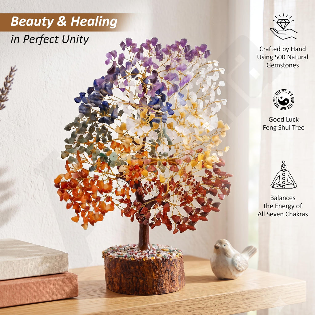 Axilla 500 Beads 7 Chakra Crystal Tree of Life for Positive Energy | Big Size Natural Healing Gemstone Money Tree | Showpiece for Home Decor, Living Room & Office Desk | Feng Shui Luck (Multicolor)