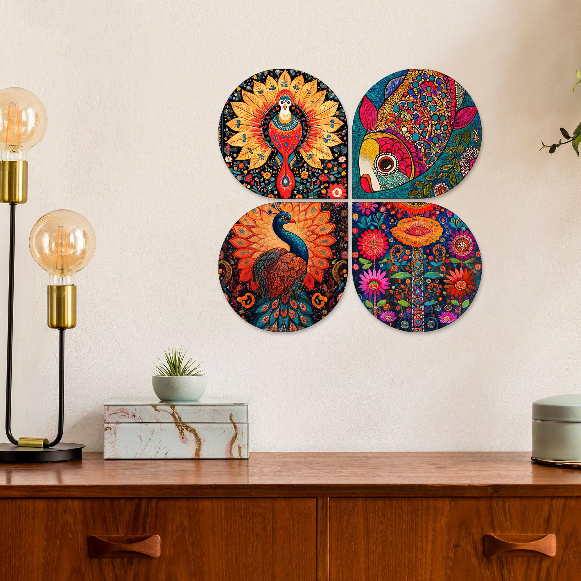 Artvibes Colorful Peacock and Fish Decorative Wall Art MDF Wooden Wall Hanger for Home | Art For Wall | Door Decoration Items | Wall Illustrations | Paintings For Wall | Gift Item (WH_8443N), Set of 4