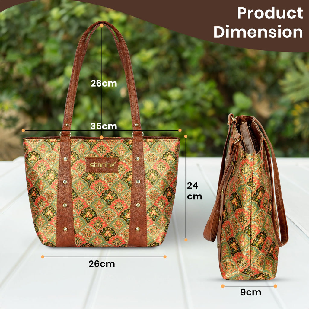 Storite Women's Tote Bag With Leather Handles & Embroidery Printed Handbag With Zip Pockets, Shoulder Tote Bag And Handbag For Office And College(26x9x24cm)