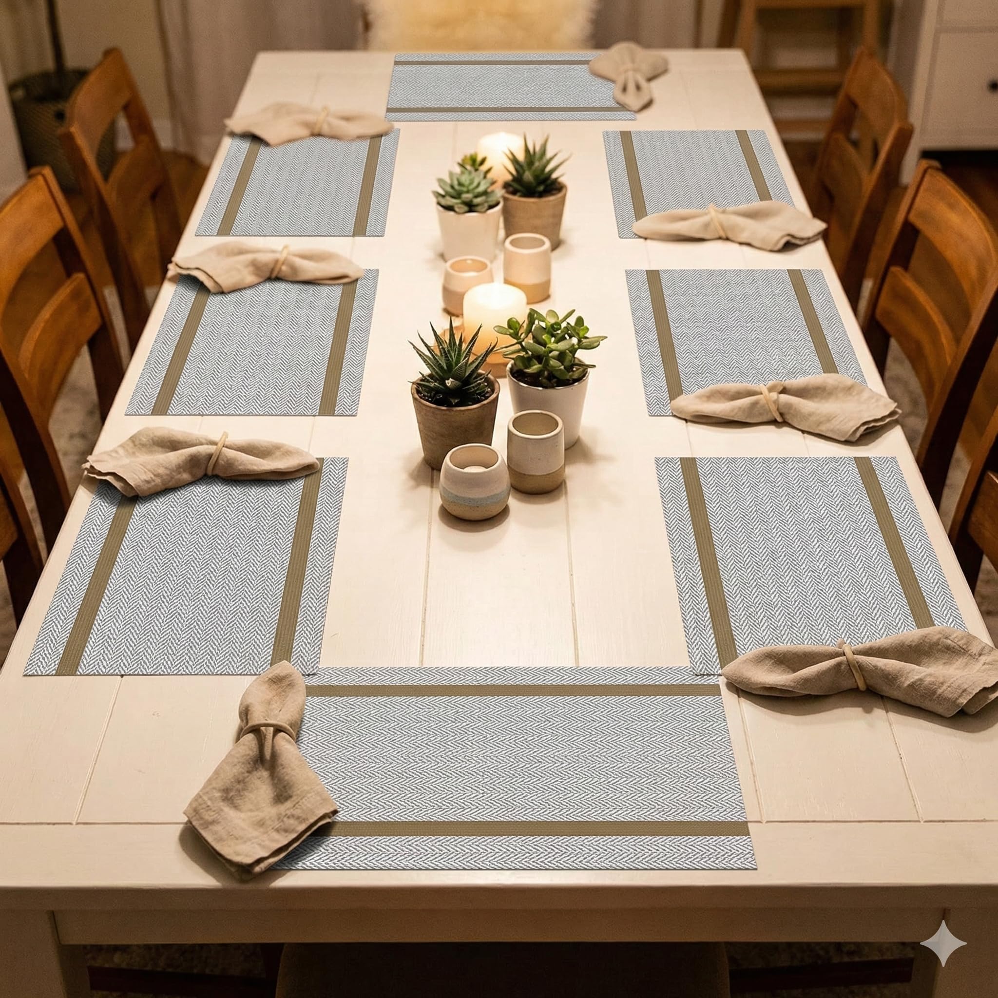 YELONA Placemats Set of 8, Heat-Resistant Woven Vinyl Table Mats, Non-Slip & Washable Dining Tablemats for Kitchen & Dinner Decor, Beige & Gold (45cm x 30cm) Kafalo