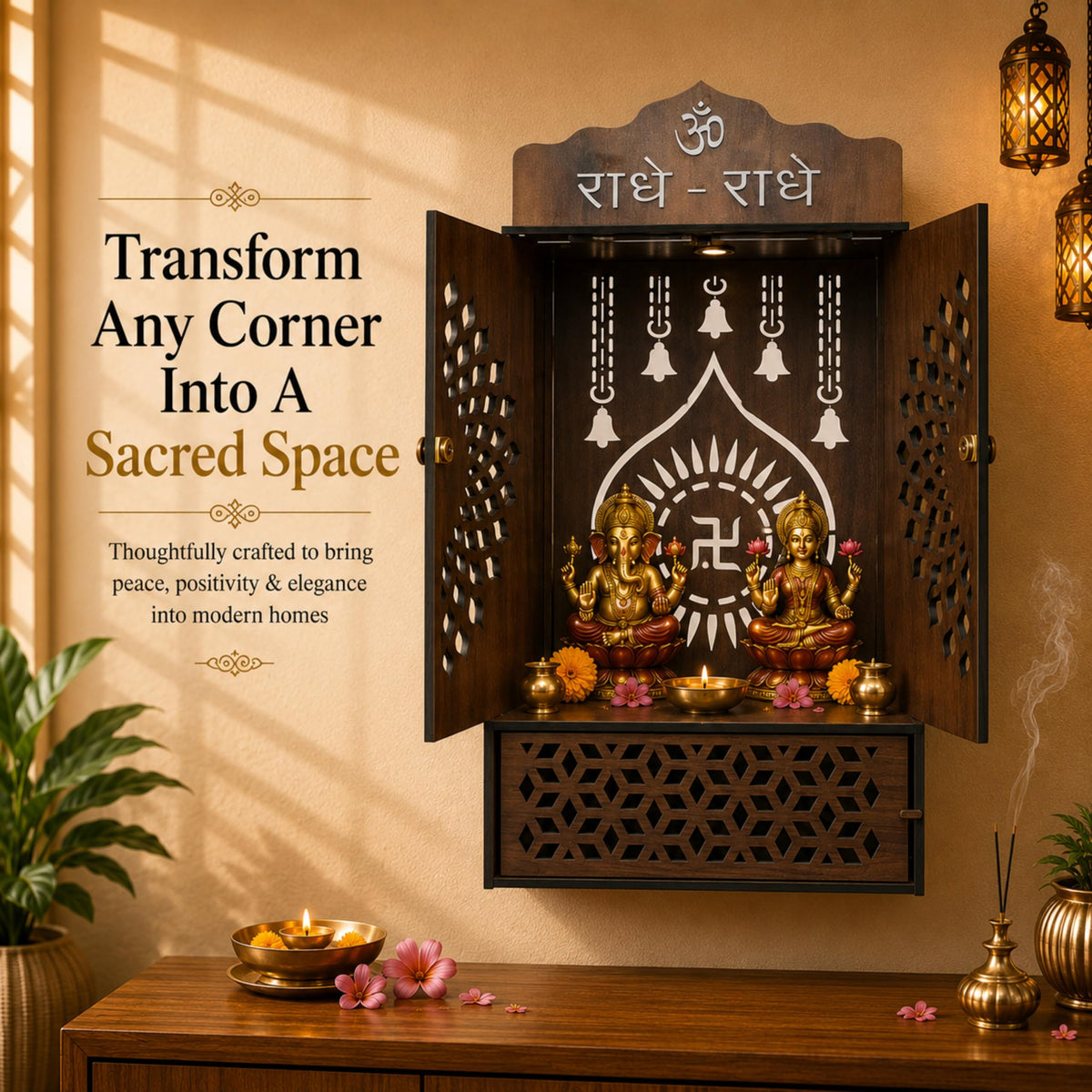 Venlay Wood Premium Wooden Home Mandir with Openable Doors & Storage Drawer - Walnut Brown Finish Pooja Ghar Featuring Silver Radhe-Radhe & Om Accents - Compact Wall Hanging & Desktop Temple